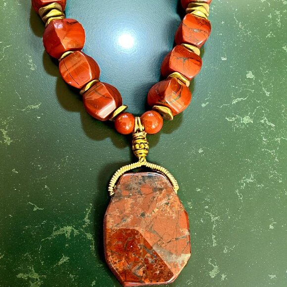 Red Jasper Statement Necklace with Faceted Pendant – Natural Stone Jewelry - Picture 3 of 7